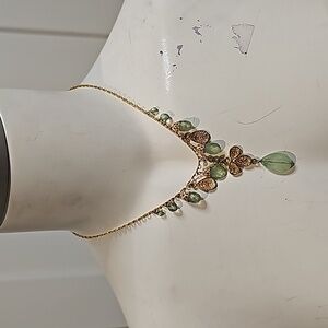Gold filigree green Jade style costume necklace jewelry